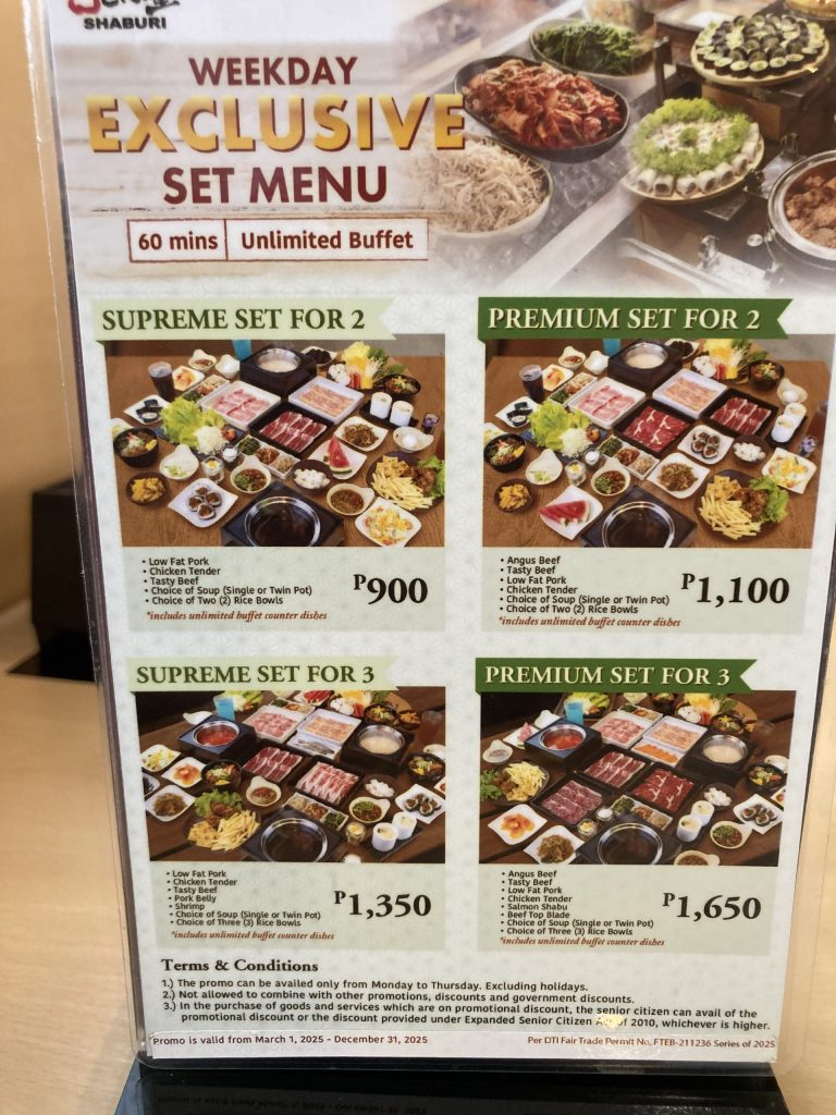 フィリピンの日系しゃぶしゃぶ屋しゃぶ里　平日限定Weekday Exclusive Set メニュー