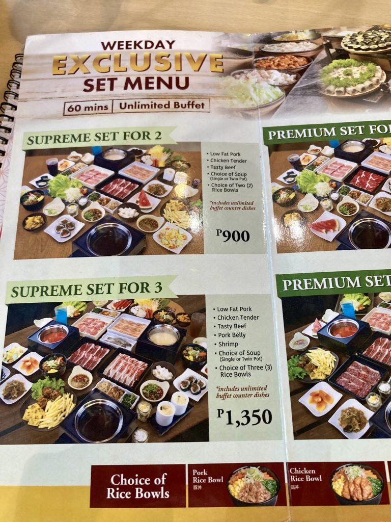 フィリピンの日系しゃぶしゃぶ屋しゃぶ里　平日限定Weekday Exclusive Set メニュー