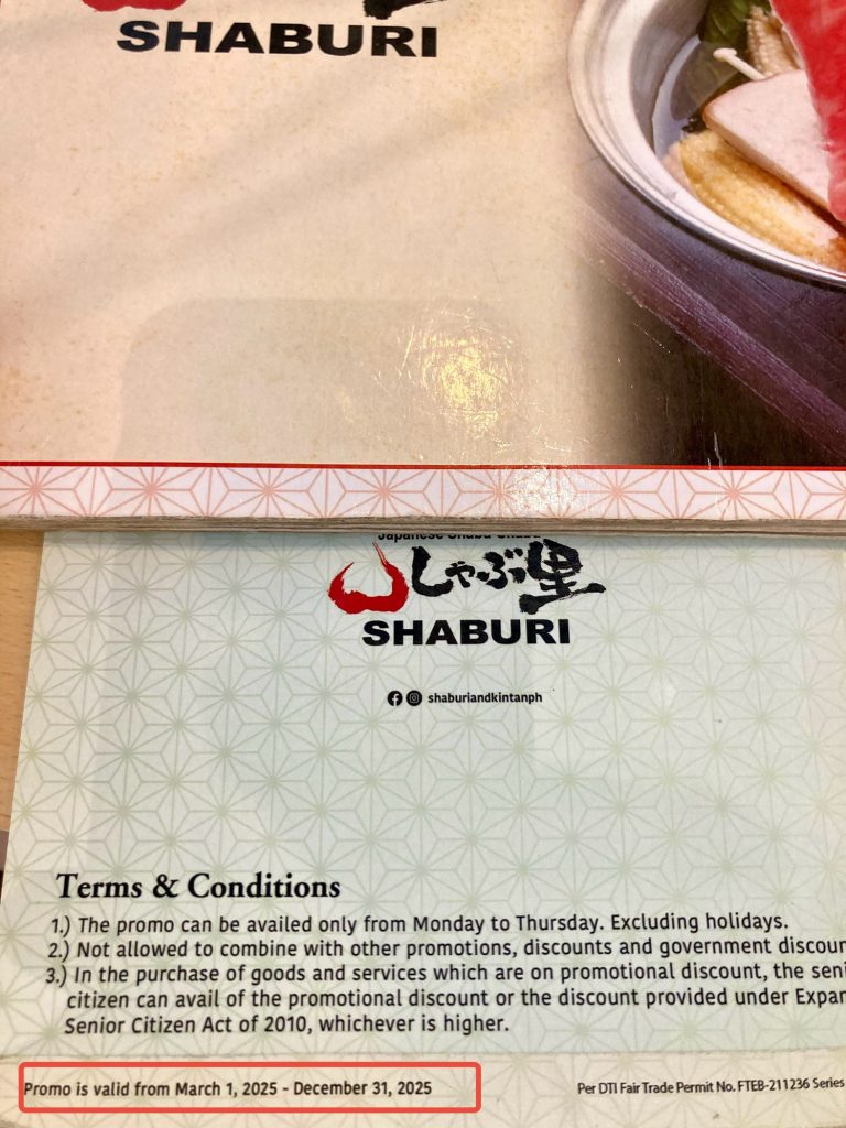 フィリピンの日系しゃぶしゃぶ屋しゃぶ里　平日限定Weekday Exclusive Set メニュー