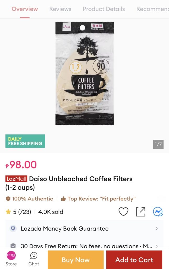 Lazadaのダイソーショップで買えるコーヒーフィルター