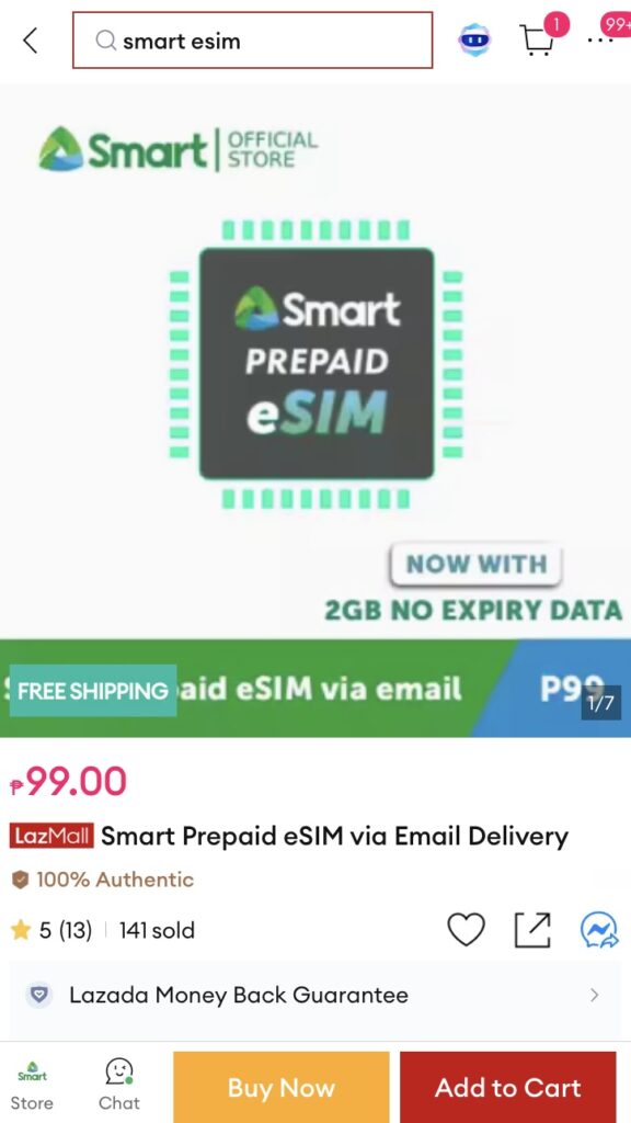 SMART社のeSIM99ペソメールデリバリータイプ
