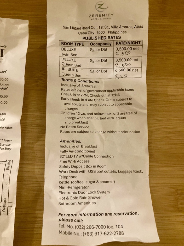 Zerenity Hotel　セブITパーク外 料金表