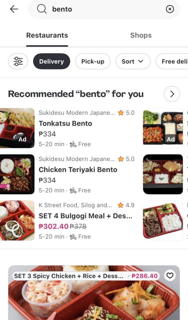 デリバリーアプリFood panda　Bento検索結果