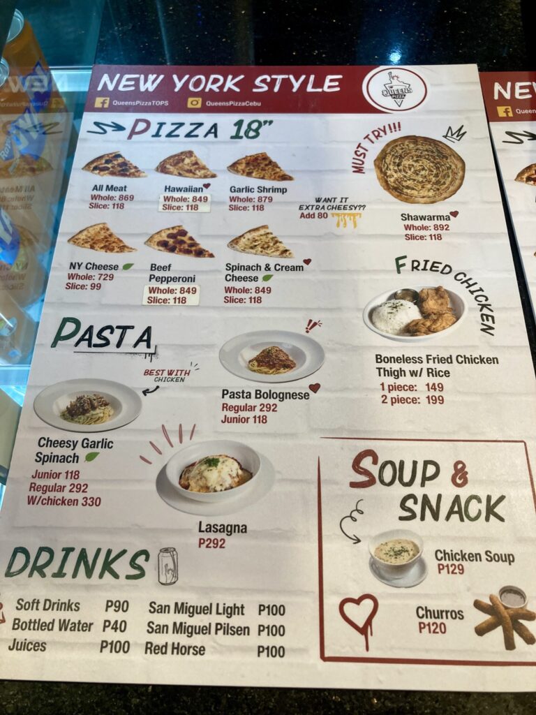 セブITパーク Queens Pizza メニュー